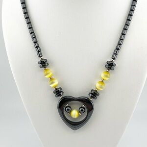 Vintage Black Hematite and Yellow Accent Beads Heart Pendant Necklace